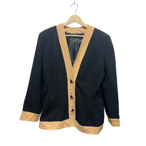 Progressive Image Vintage 80's Black and Tan Crepe Worsted Wool Blazer - Picture 2 of 9